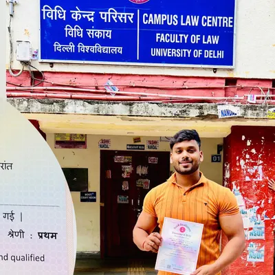 A proud moment holding my degree with first division honors outside the Campus Law Centre. This achievement was the culmination of years of hard work and the start of my journey as a first-generation lawyer.