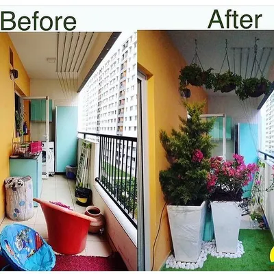 A dramatic before and after. We cleared the clutter and transformed this balcony into a serene green space with elegant planters and hanging baskets, proving that even small areas can have a huge impact.