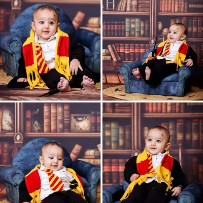 A collage showcasing the many expressions of a 6-month-old wizard. My Harry Potter themed session is perfect for capturing the magical personality of your little one.