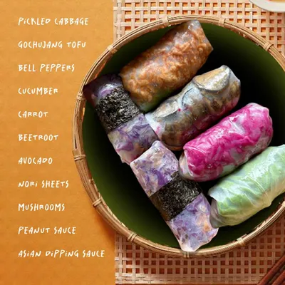 Our Vietnamese Rice Paper Wraps are a customer favorite. We pack them with gochujang tofu, pickled cabbage, crisp vegetables, and nori, served with our homemade peanut and Asian dipping sauces for a perfect, crunchy bite.