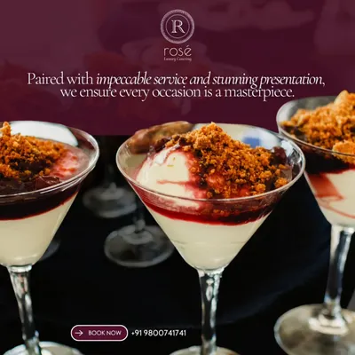 Our dessert parfaits are a masterpiece of flavor and presentation. Served in elegant martini glasses and layered with cream, fruit compote, and crumble, they ensure every occasion ends on a sweet note.