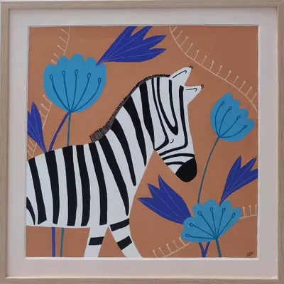 A close-up of the zebra painting from the "paws and pastels" series. The zebra's bold stripes stand out against a warm terracotta background with stylized blue flowers, creating a charming piece for a kid's room.