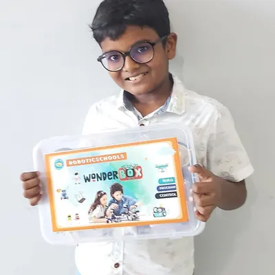 This is the "Wonderbox," the robotics kit that gets every child excited. It is packed with all the parts and components needed to start building right away.
