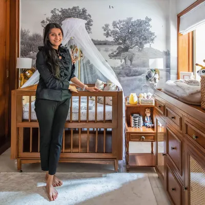 This is me in Vayu's finished nursery. I pour my heart into every project, and I'm so grateful to my clients, my team, and my family for their trust and support.