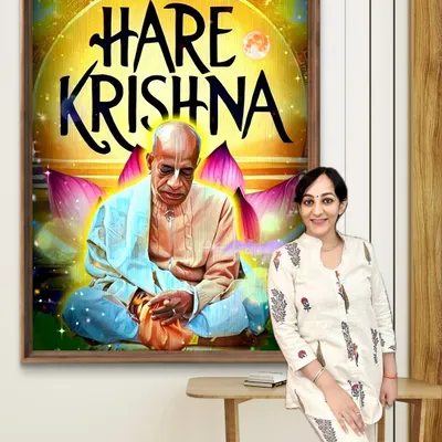 This painting is my tribute to Srila Prabhupada, the founder of ISKCON. I aimed to capture his mood of deep meditation and wisdom, surrounded by a divine aura, to honor his immense contribution to spreading Krishna consciousness.