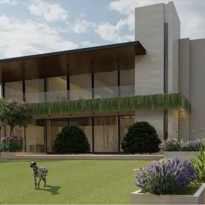 A look at a modern residence where architecture meets nature. I used clean lines, expansive glass, and natural stone cladding to create a structure that feels both grand and grounded. The hanging gardens on the balcony add a touch of green that softens the modern form.