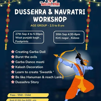Our Dussehra & Navratri workshop poster, detailing a host of exciting activities like Garba doll making, Kalash decoration, and storytelling. We offer these sessions across multiple locations for your convenience.