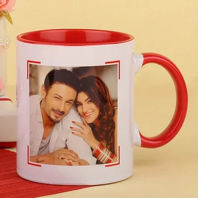A high-quality personalized photo mug with a vibrant red interior and handle. Just send me your favorite couple's photo and I'll print it inside a stylish frame design.