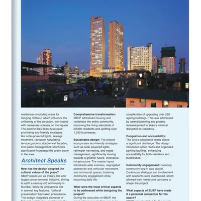 A magazine feature on the Saifee Burhani Upliftment Project, detailing the comprehensive transformation of Bhendi Bazaar. The master plan addressed housing for over 20,000 residents while introducing green spaces and improving infrastructure.
