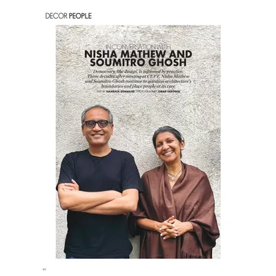 A feature in Elle Decor India, showing a portrait of us, Nisha Mathew and Soumitro Ghosh. The article discusses our design philosophy of placing people at the core of our architectural practice.