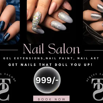 A special limited-time offer for nail services, including gel extensions, nail paint, and nail art. This graphic shows examples of the glitter, chrome, and rhinestone designs available with this deal.