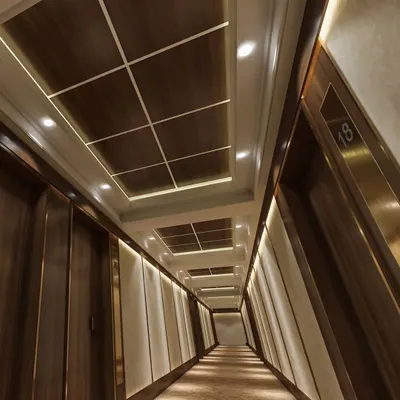 We design corridors and transitional spaces that continue the luxury experience. This hallway in a commercial building uses rich wood panels, brushed metal accents, and layered ceiling and wall lighting to guide visitors with sophistication.