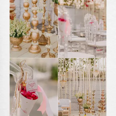 A collage of the beautiful decor from a pastel-themed wedding. I capture the details, from the floral arrangements and chair decor to the cones of petals for guests.