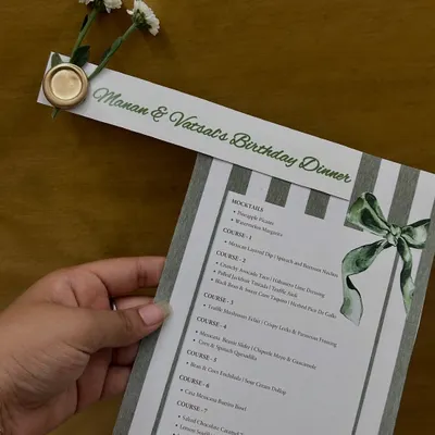 The menu for a bespoke 7-course Mexican-themed birthday dinner. We love collaborating with clients to create a personalized culinary journey for their special occasions.