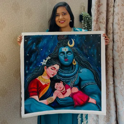 Here I am, holding my completed 24x24 inch Shiv Parivar painting. It's such a fulfilling moment to see a large-scale piece finished after putting so much heart into it.