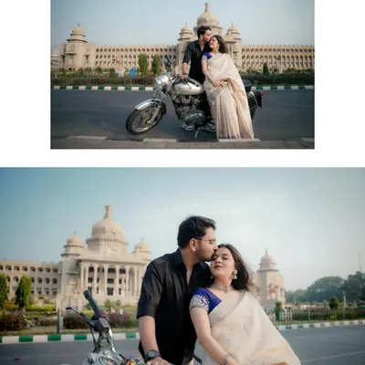 A classic pre-wedding portrait with a retro Royal Enfield in front of Bangalore's Vidhana Soudha. This collage shows both the grand wide shot and the intimate close-up, capturing the couple's style and connection.