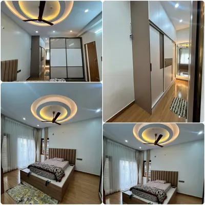 This collage showcases a serene bedroom designed with intention. The space features a stylish circular false ceiling design, a comfortable upholstered bed, and a large sliding wardrobe, all coming together with cozy textures and timeless elegance.