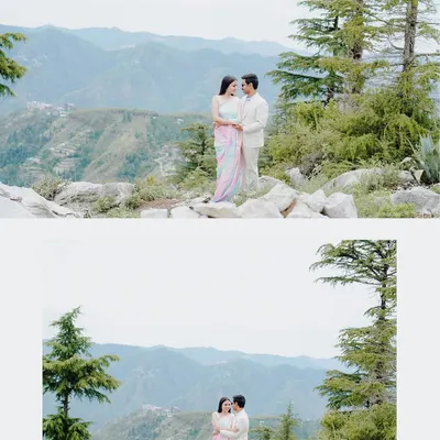A diptych showing a couple embracing on a mountain trail, with the rolling hills of Shimla stretching out behind them. These shots capture the epic scale and the personal connection of a pre-wedding shoot in the Himalayas.