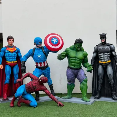Assemble your team of heroes with our complete set of superhero models, including Superman, Captain America, the Hulk, Batman, and Spider-Man, ready to guard your event.