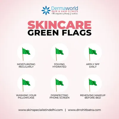 These are the skincare green flags you should be following. Simple habits like moisturizing regularly, staying hydrated, applying SPF daily, and removing makeup before bed are the foundation of healthy, clear skin.