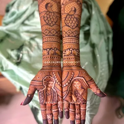 A portrait of the beautiful bride and groom, surrounded by intricate patterns and peacock motifs. This is the kind of storytelling bridal henna I love to create.