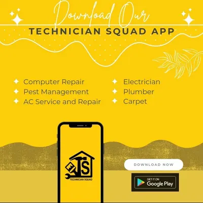 Get our services at your fingertips by downloading the Technician Squad app. This graphic shows the variety of services you can book through the app, from computer repair to plumbing, often with exclusive discounts.