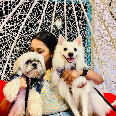 A happy mom with her two fur babies celebrating a birthday at our cafe. Our space is perfect for bringing the whole family together for a tail-wagging good time.