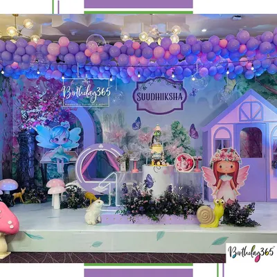 We created an entire enchanted forest for Suudhiksha's fairy-themed birthday. The setup included a custom fairy house, whimsical mushroom props, and a ceiling of purple balloons to make the whole space feel magical.