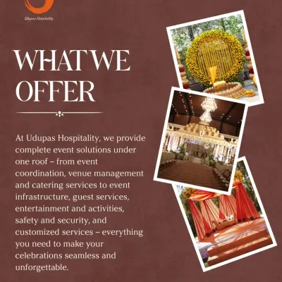 A summary of what we offer. We provide complete event solutions, from event coordination, venue management, and catering to infrastructure, guest services, and security, ensuring your celebration is seamless.