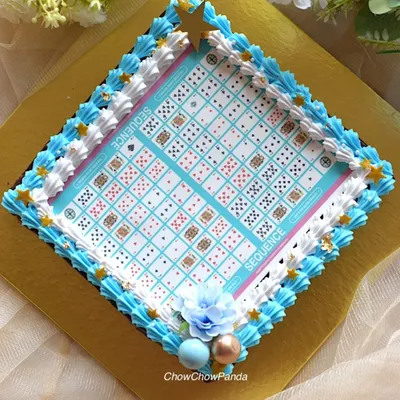 Here's a fun take on my classic brownie slab. For a fan of the board game Sequence, I decorated this rich chocolate brownie with an edible print of the game board and a piped frosting border.