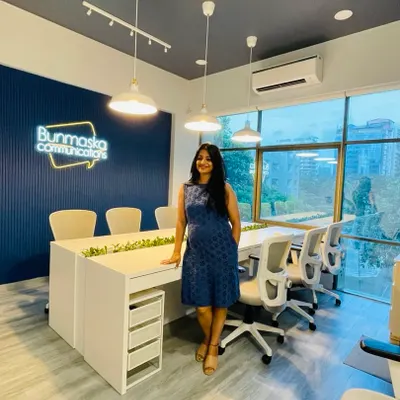 Here is a photo from an office we designed for Bunmaska Communications. We aimed for a bright, collaborative, and energetic space that reflects the company's creative spirit.