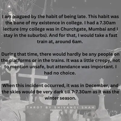 A story about a chilling encounter on a Mumbai local train with a woman performing a strange ritual with black ash and meat.