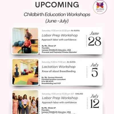 Here is a sample schedule of our upcoming childbirth education workshops. We offer a mix of in-person and online sessions, including Labor Prep and Lactation workshops, led by certified educators and consultants to fit your needs.