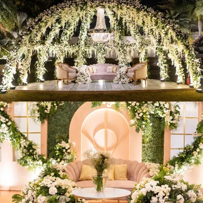 When it comes to cocktail nights, the details make all the difference. This collage shows two different stage setups, one a dreamy floral arch and the other a modern blush-toned backdrop, showcasing my design range.