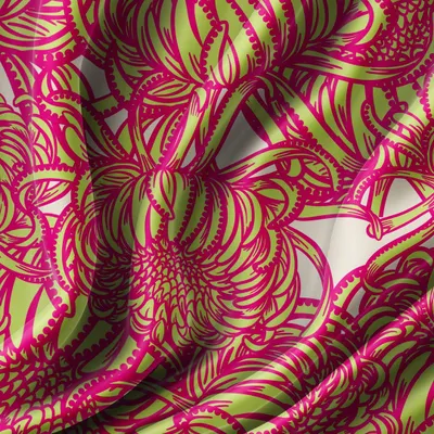 My 'Petal Pop' design in a vibrant pink and lime green colourway. This hand-drawn chrysanthemum pattern is bold and energetic, perfect for making a statement on upholstery, cushions, or as a feature wallpaper.