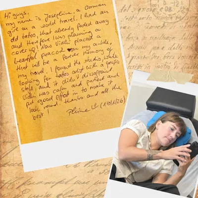 "A forever memory of my travel." A handwritten note from Josephine, a client from Germany who came to me for a cover-up while on her world tour.