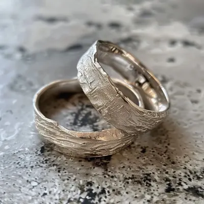 A closer look at the beautiful, textured rings made in our silversmithing workshop. You learn to work with sterling silver from scratch to create your own unique jewelry.