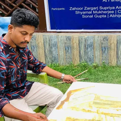 Working on an acrylic painting during a National Art Workshop in Pahalgam, Kashmir. This piece depicts the historical destruction of the Martand Sun Temple, exploring themes of cultural loss and resilience.