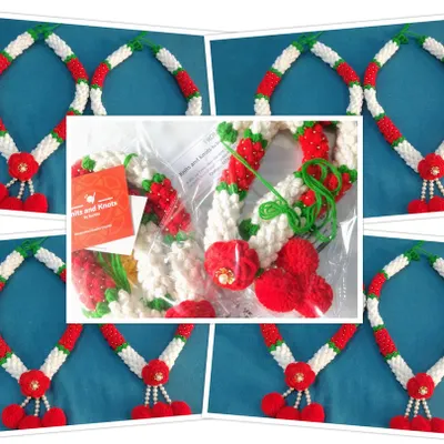A collage showing my crochet jasmine garland, also known as Mogra Haar, ready for dispatch. The classic white and red combination offers timeless beauty for pooja or home decor.