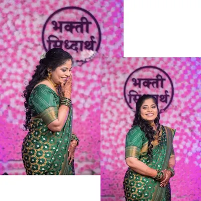 Capturing the bride's portraits during her engagement ceremony. On the left, a shy, candid moment, and on the right, a beautiful, confident smile. It shows the different emotions a bride feels on this important day.