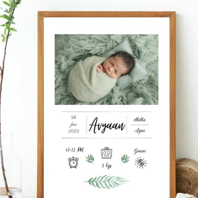 This is one of my baby biography frames, displayed in a simple wooden frame. It captures all the important details: name, birth date and time, weight, and parents' names, creating a beautiful piece of nursery art.