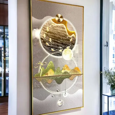 This large 30x60 inch crystal painting is an absolute masterpiece of abstract landscape art. The glowing circular elements and serene mountain depiction create a visually striking effect, adding depth and modern elegance to a hallway or large living area.