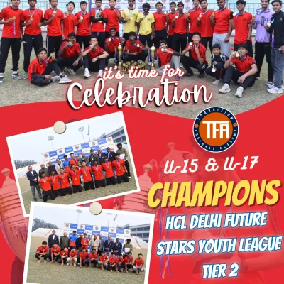 A proud moment celebrating our U-15 and U-17 teams being crowned champions of the HCL Delhi Future Stars Youth League. This graphic commemorates the hard work that led to a historic double victory for the academy.