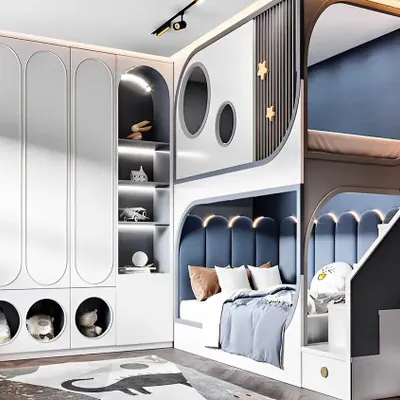 A whimsical and highly functional bunk bed design. This piece features cozy sleeping nooks with unique curved cutouts, integrated storage shelves, and stairs with built-in drawers.