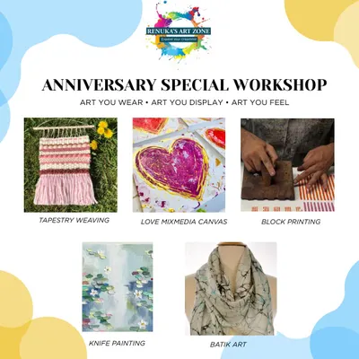 To celebrate our anniversaries, we often host special workshops featuring a variety of our most popular art forms. This graphic gives a taste of the different creative experiences we offer, from weaving to batik.