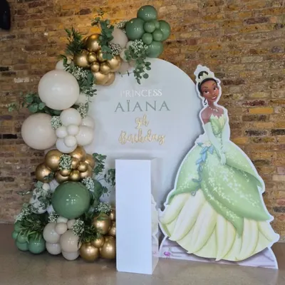 A royal celebration for Princess Aiana's 9th birthday with a Princess Tiana theme. The elegant green, gold, and white balloon arch perfectly complements the character cutout.