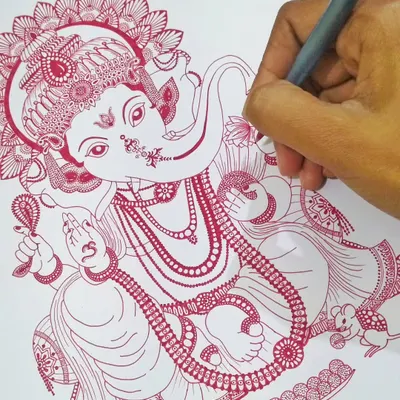 This detailed Ganesha drawing in red ink is a labor of love. Over the years, I have depicted Ganesha on many surfaces, and each piece marks a different stage in my artistic journey.