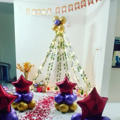 A full view of the cozy teepee tent birthday setup. It's a wonderful way to create a magical little world for a birthday celebration right in your living room.
