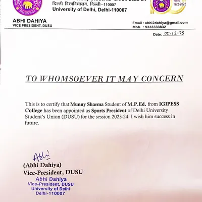 I am honored to serve the athletic community as the appointed Sports President of the Delhi University Student's Union (DUSU) for the 2023-24 session.