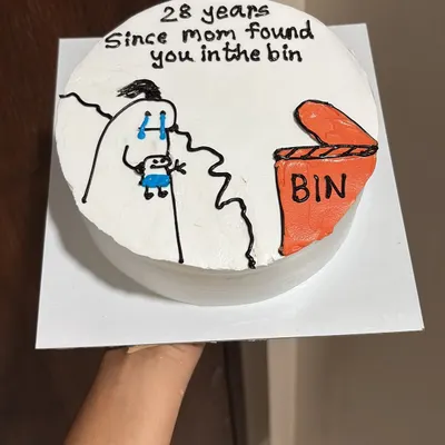 "28 years since mom found you in the bin." This funny sibling cake is one of my most popular designs for bringing some playful teasing to birthday celebrations.
